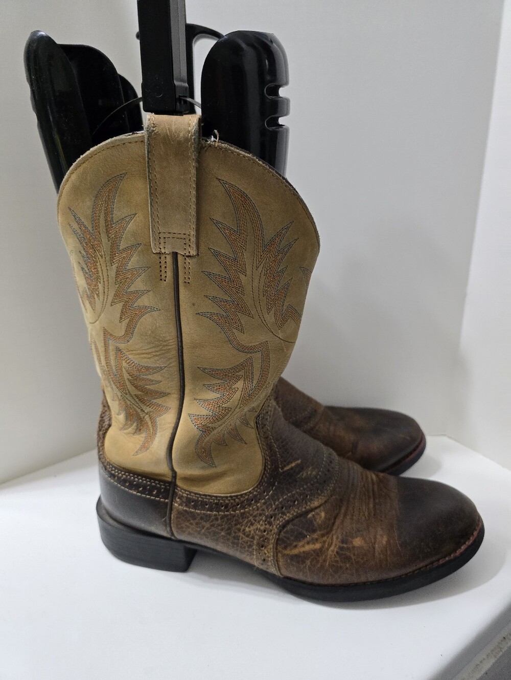 Ariat Tan and Brown Embroidered Leather Cowboy Boots